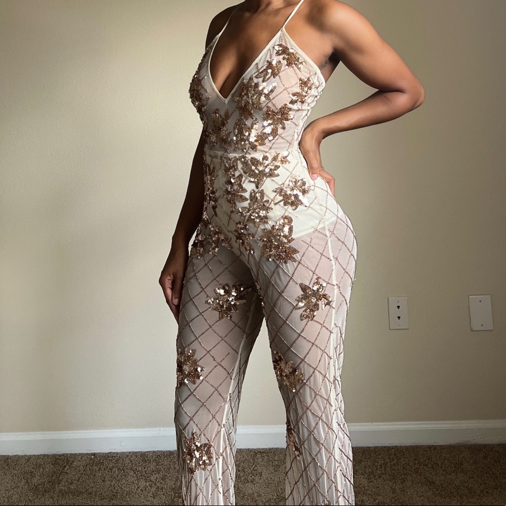 Missguided Embellished Nude and Rose gold Jumpsuit